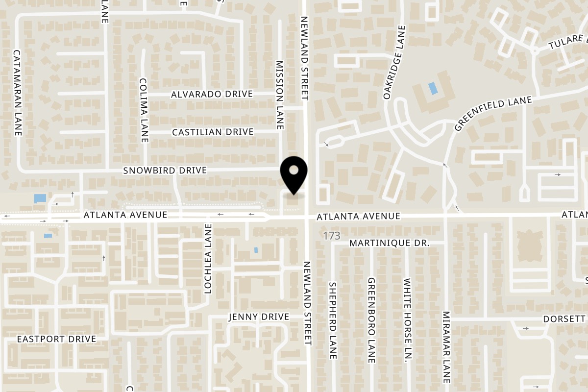 Map showing the location of That Epic Burrito Shack on 8491 Atlanta Ave #201 - inside Landmark Liquor, in Huntington Beach